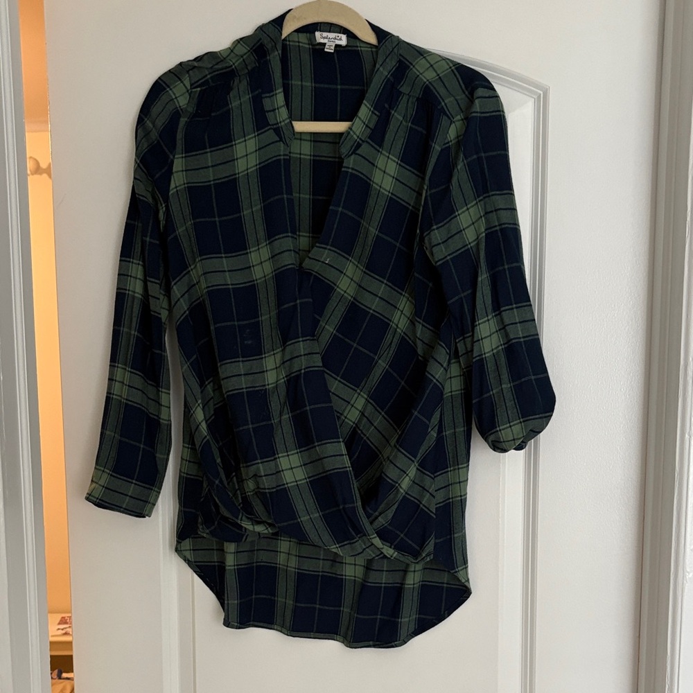 Splendid Navy and Green Plaid Blouse